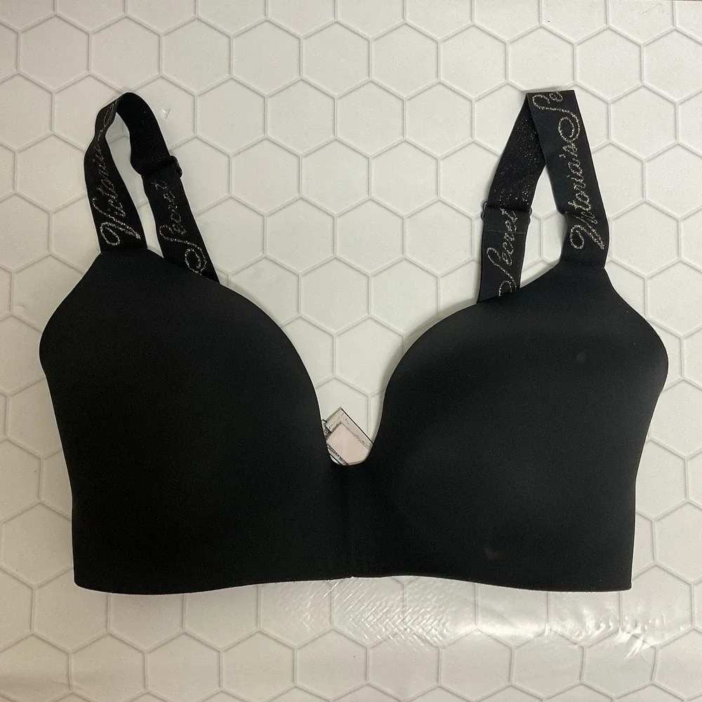 Victoria Secret T-Shirt Lightly Lined Wireless Bra 32DDD Black Gold Logo Sign